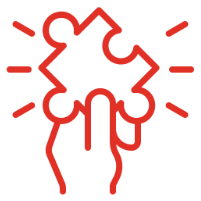Ein Icon aus roten Linien auf weißem Hintergrund stellt eine Hand dar, die ein Puzzelteil in die Höhe hält. 