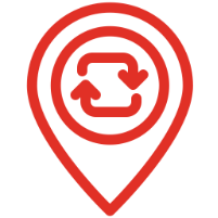 Ein Icon aus roten Linien auf weißem Hintergrund stellt ein Standortsymbol dar, in dessen Mitte sich ein Kreis aus zwei Pfeilen befindet.