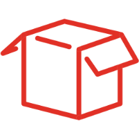 Ein Icon aus roten Linien auf weißem Hintergrund stellt eine offene Kartonschachtel dar.